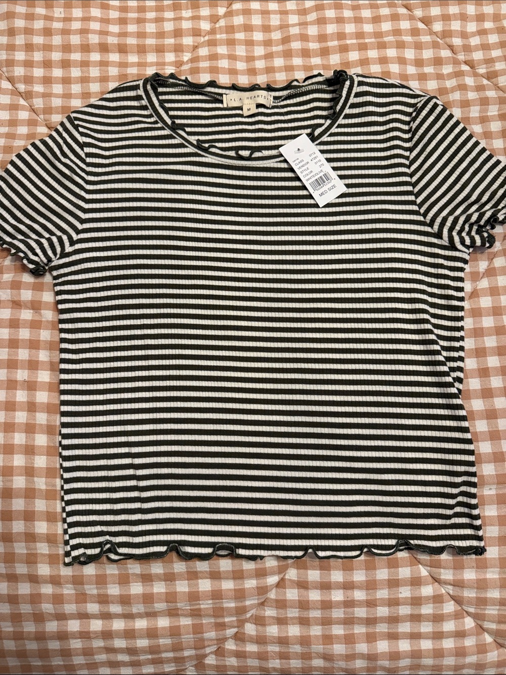 La Hearts green and White Striped Ribbed Short Sleeve Tee